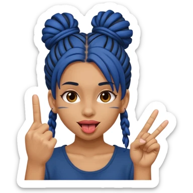 light brown girl with dark blue dreads in a bun with tongue out giving middle finger sticker