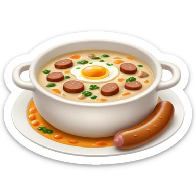 Cinematic Realistic ≈ªurek Soup Dish Emoji, depicted as a tangy, creamy rye soup with sausage and egg rendered with detailed textures and warm, comforting lighting. sticker