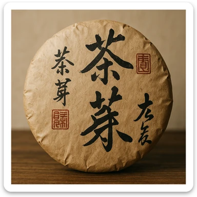 a wrapped pu-erh tea cake with Chinese calligraphy on the wrapper sticker