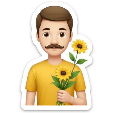 generate an ios genmoji of a 20 year old fair boy with 3 mustache hair. should look like he cant grow a mustache., carrying a flower bouquet, wearing a yellow tshirt, looking shy sticker