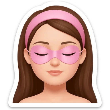 A woman with brown hair, eyes closed, calm and neutral expression, not smiling, wearing a pink headband, wearing pink eye patches under her eyes, simple emoji style, flat 2D render, pastel colors, white background sticker