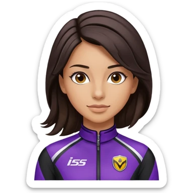 brunette long hair woman with black racing outfit with purple strips sticker