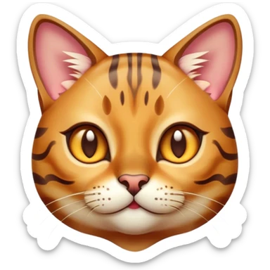 Cinematic Cute Bengal Cat Portrait Emoji, Head tilted playfully and inquisitively, sleek spotted brown and gold tones, Simplified yet adorable features, highly detailed, glowing with a warm, friendly glow, high shine, curious and affectionate, stylized with a touch of whimsy, bright and alert, soft glowing outline, capturing the essence of a mischievous yet loving kitten, so endearing it feels like it could pounce out of the screen and play! sticker