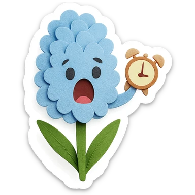 pastel blue hyacinth flower with alarmed eyes and a screaming mouth, waving a tiny alarm clock, fluffy and round, paper craft style sticker