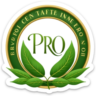 Crea un emoji de un sello o escudo elegante con un borde de ramitas de hojas verdes. En el centro, las letras 'PRO' o un ícono de check (✓) para simbolizar fórmulas probadas. Estilo de certificación. sticker