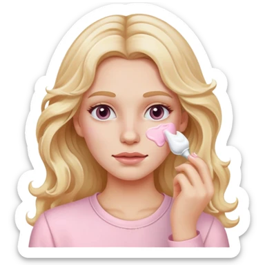 A white girl with long blonde wavy hair in pale pink clothes smears cream on her face sticker