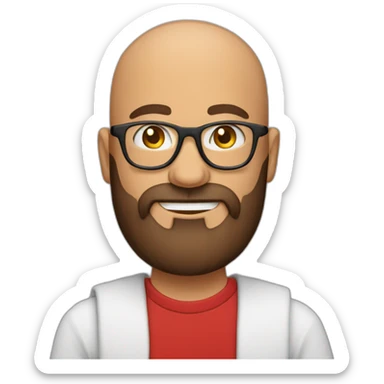 Bald man smiling with glasses and big bushy brown beard with. Wearing red t shirt sticker