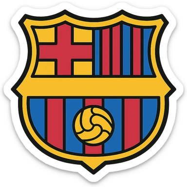 simple and bold FC Barcelone inspired icon featuring blue and garnet stripes, yellow cross, and football, modern icon style sticker