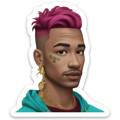 Vintage patina intricate swirls gold jewellery baroque raven wings angel tropical Deep pink maroon burgundy cyan dark hoodie man vitiligo dyed hair gold piercings nose piercing ear piercings sticker