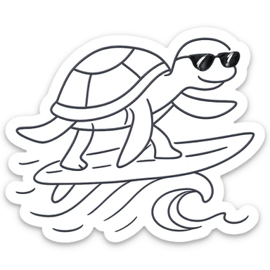 Add cool sunglasses to the surfing turtle. Keep the hand drawn icon style with sketchy lines and whimsical feel, no background. sticker
