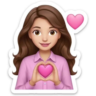 girl with wavy long brown hair, brown eyes, light to medium complexion, long lashes, light pink lipstick, wearing light pink shirt, smiling, hands holding a pink heart sticker