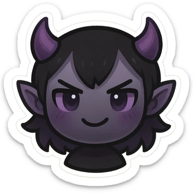 devil emoji in chibi style with gothic palette black and purple, tiny horns, cute but mischievous expression sticker