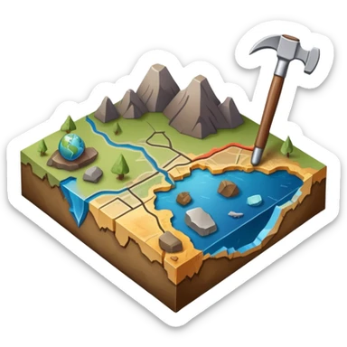 An icon featuring a crowbar and a geological map, and layers of Earth’s crust, symbolizing geology. The design includes mineral samples, fossils, and tectonic plates, representing the study of Earth’s structure and natural processes. Transparent background highlights geological exploration sticker