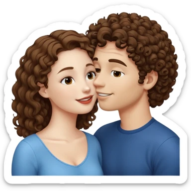 A couple kissing, the man would be white-skinned, short-curly, brown-haired. The serious woman with white skin, long hair and brown color sticker