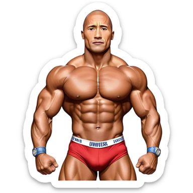 Dwayne Johnson, oiled and posing at the Mr. Universe bodybuilding championship, showcasing his muscular physique in an iconic display of strength. The background features the stage with judges and audience, capturing the intensity and prestige of the competition. Transparent background. sticker