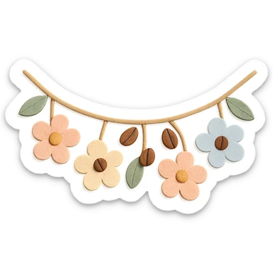 wall floral garland with coffee beans in a cozy café, soft pastel colors, paper craft style sticker