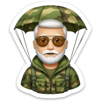 Man with a white beard and sunglasses wearing camouflage in a parachute sticker