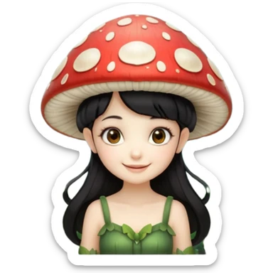 mushroom fairy portrait, head and shoulders only, wearing a large mushroom cap hat, tiny glowing wings visible behind shoulders, cute magical smile, forest fantasy vibe, 3D cartoon, mobile game icon style, clean background, no text, no watermark.balck hair sticker