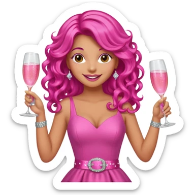 One lady with long hot pink curled hair and tan skin wearing a pink dress with sparkly belt holding a glass of pink champagne in each hand smiling cheerfully  sticker