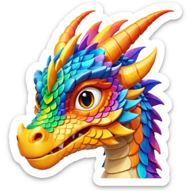 Glory the RainWing dragon's head with vibrant colorful scales and expressive eyes, inspired by Wings of Fire, colorful emoji-style illustration sticker