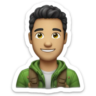 nice man with green eyes, dark hair, smiling with a dinosaur sticker