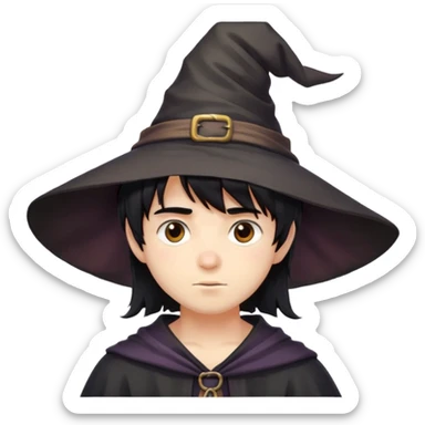 Cute boy with bangs and messy black hair with witch hat sticker
