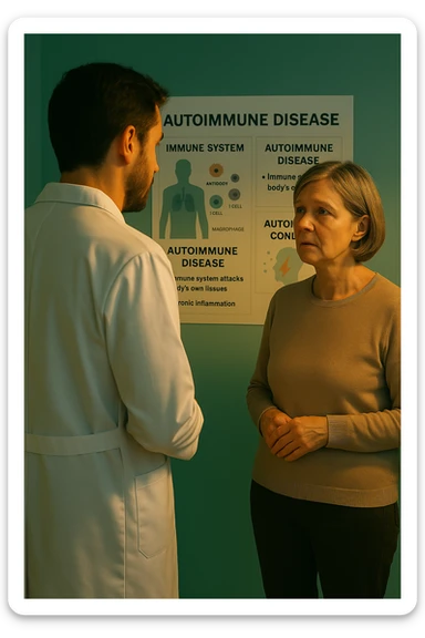 Realistic, detailed photo taken from behind of one doctor e un paziente —a bearded man and a middle-aged woman—standing and facing each other as they discuss an autoimmune disease diagnosis in front of a medical chart that displays information about the immune system and autoimmune conditions. The scene is illuminated by a yellowish, orange, warm light that softly envelops the doctors. The entire room is bathed in a single green-blue color, creating a cohesive and modern atmosphere. Both doctors wear white coats, and their body language suggests a serious, professional conversation about the complexities of autoimmune diseases. Shot with a Canon EOS R5, with high detail and natural depth of field. scritto in italiano sticker
