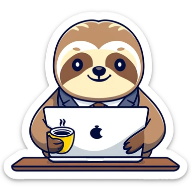 Elderly sloth boss in cartoon style, hand-drawn, muted warm tones. Office clothes, often with coffee or laptop. Ukrainian text, readable in dark mode. sticker