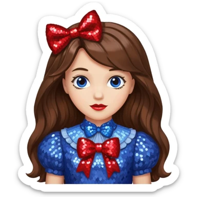 Dorothy Gale from the Wizard of Oz with long brown hair, periwinkle sequin outfit, red sequin bow sticker
