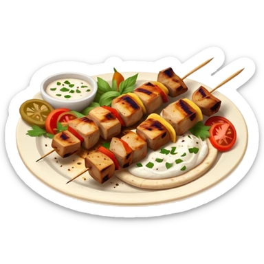 cinematic-realistic-souvlaki-dish-emoji,-showcasing-skewered,-grilled-chicken-with-mediterranean-spices-rendered-with-dynamic-textures-and-warm,-appetizing-lighting on pita bread on a plate sticker