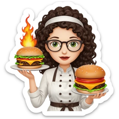A female chef with glasses, dark brown long curly hair, White skin,Green eyes and setimg a burger on fire sticker