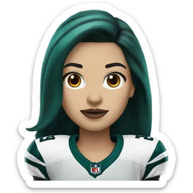White female long dark hair red lips wearing Philadelphia Eagles jersey sticker