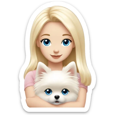 Blond girl white skin blue eyes hugging white Pomeranian with light pink bow sticker