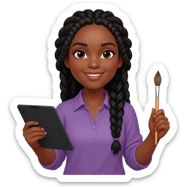 Emoji représentant une femme à la peau marron avec de longues braids noires et portant une belle chemise violette, tenant une tablette graphique dans une main et un pinceau dans l’autre sticker