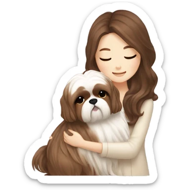 long brown wavy hair korean girl hugging cream and brown colored shih tzu sticker