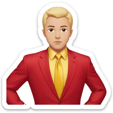A bust of a confident businessman in a red suit with yellow accents, a yellow dress shirt, and a red tie. His facial expression is determined, with short well-groomed hair and strong, defined facial features. Behind him, a bold upward-trending financial chart (📈) with a thick red arrow moving diagonally upward symbolizes success and career growth. The graph has simple but visible yellow and red bars, reinforcing the theme of achievement. The background is plain white to keep the focus on the man and the business elements. The overall design is clean, professional, and business-oriented. sticker