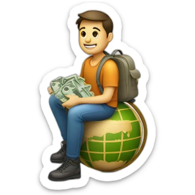 man sitting on globe with money bag sticker
