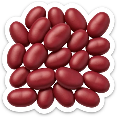 small cluster of kidney-shaped red beans in vibrant tones from brick red to deep burgundy, smooth, plump, slightly glossy, natural curves, clean, natural 3D rendering, soft lighting, subtle shadows, transparent background, emoji scale, optimized for clarity, shape, and rich tone at small size sticker