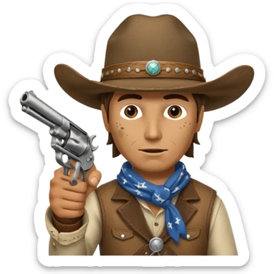 A cowboy pointing his revolver in your face  and saying, "Give me your money." sticker