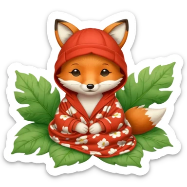 sleepy baby fox in pajama hat under leaf blanket sticker