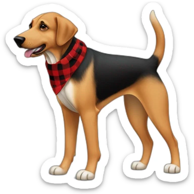 adult 75% Coonhound 25% German Shepherd mix dog with visible tail wearing small pointed red buffalo plaid bandana full body walking left quickly sticker