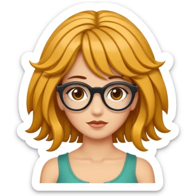 Uma garota de cabelos cacheados compridos e mechas loiras, com pele morena  e óculos sticker