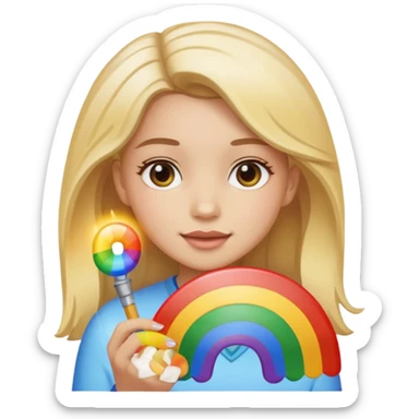 a girl with light skin tone holding a rainbow sticker