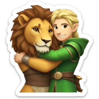 A lion and an elf mage hugging sticker