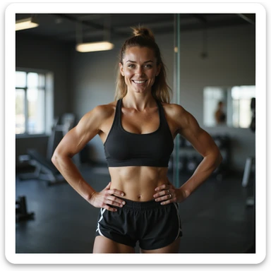 hyperrealistic 4K image of a woman posing with hands on hips in front of a gym mirror, toned muscles, proud expression, motivational atmosphere, wearing sportswear sticker