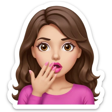 girl with long wavy brown hair, brown eyes, long lashes makeup, sexy pink lips, light to medium complexion, pink sexy top, shocked, hand covering mouth sticker