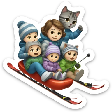 Baby skiing with its family of five, and their grey striped cat sticker