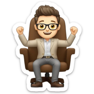 Joyful Celebrating victory Hands up Pale skinned Fit Man With dark brown hair in gray jacket, beige office shirt, Brown pants and vintage glasses sitting In a soft chair sticker