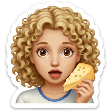 Girl with dirty blonde highlights on the end hair curly rolling her eyes all the way back with her mouth open and white Philadelphia cheese on her cheeks sticker