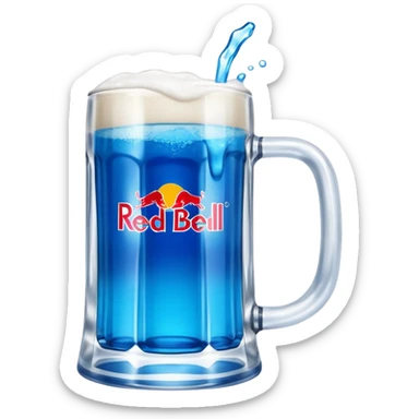 Large clear glass mug similar to beer stein with bright blue liquid inside. Put redbull drink logo on  mug. Add ridges to mug  sticker